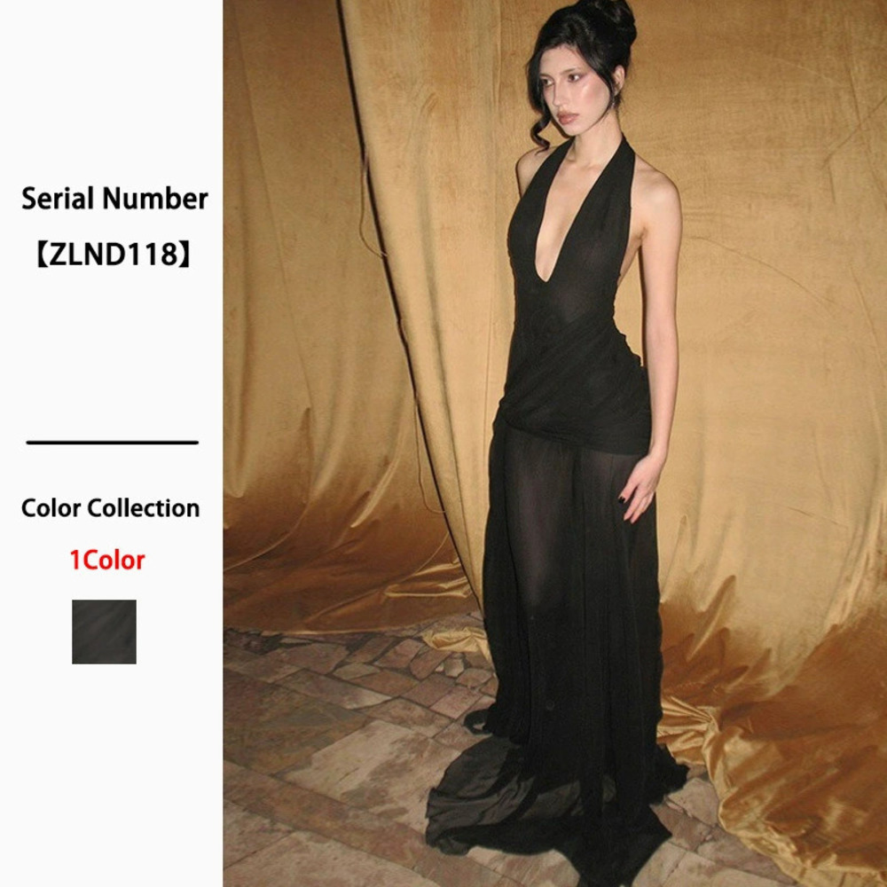 ZARA Black Deep Backless Strap Summer Long Dress Set Sexy Fitted Mesh Women